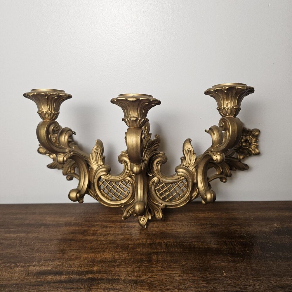 Vintage 1966 Syroco Gold 3 Arm Wall Sconce Hollywood Regency Candle Holder 4002
